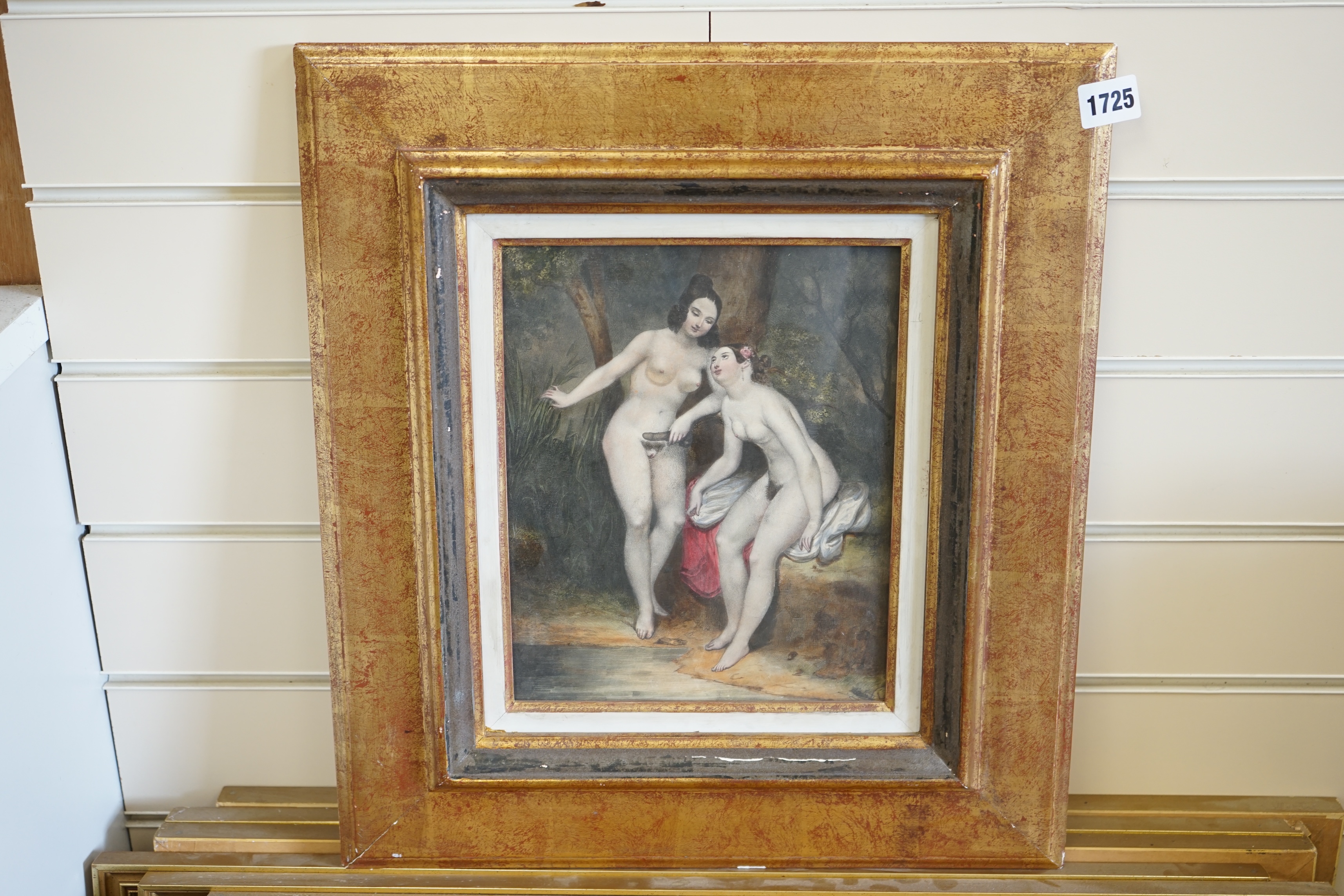 19th century, hand coloured stipple engraving, Erotic scene with two nude females, 26 x 21cm, gilt framed. Condition - fair to good